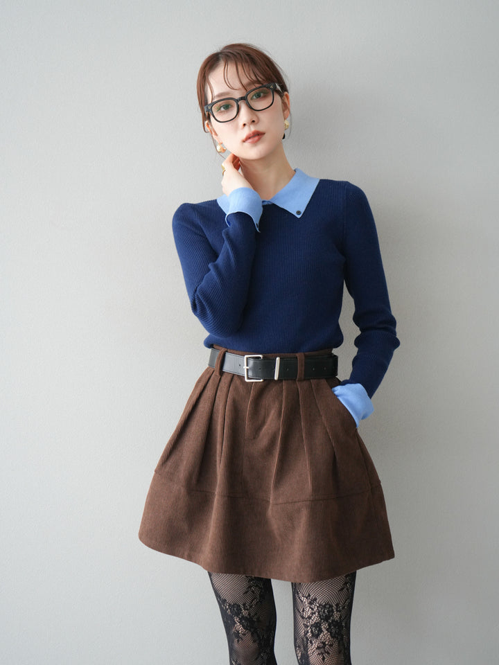 [予約]ニットカフス襟付き配色リブニットトップス/navy