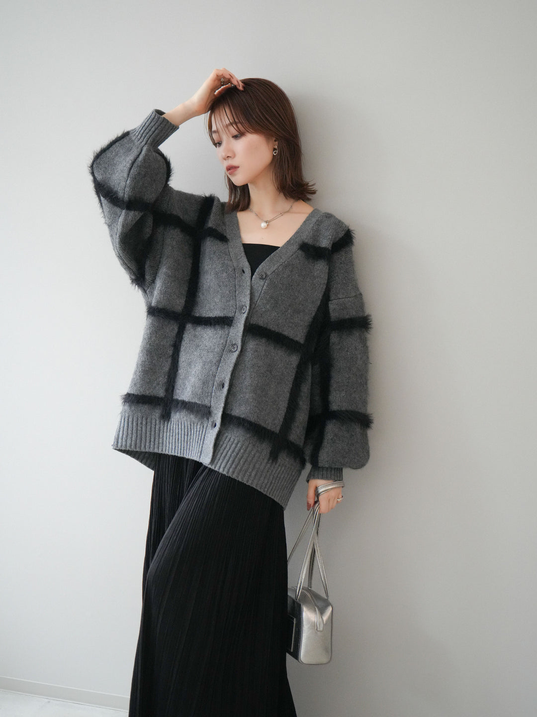 [予約]ミックスシャギーチェックカーディガン/charcoal