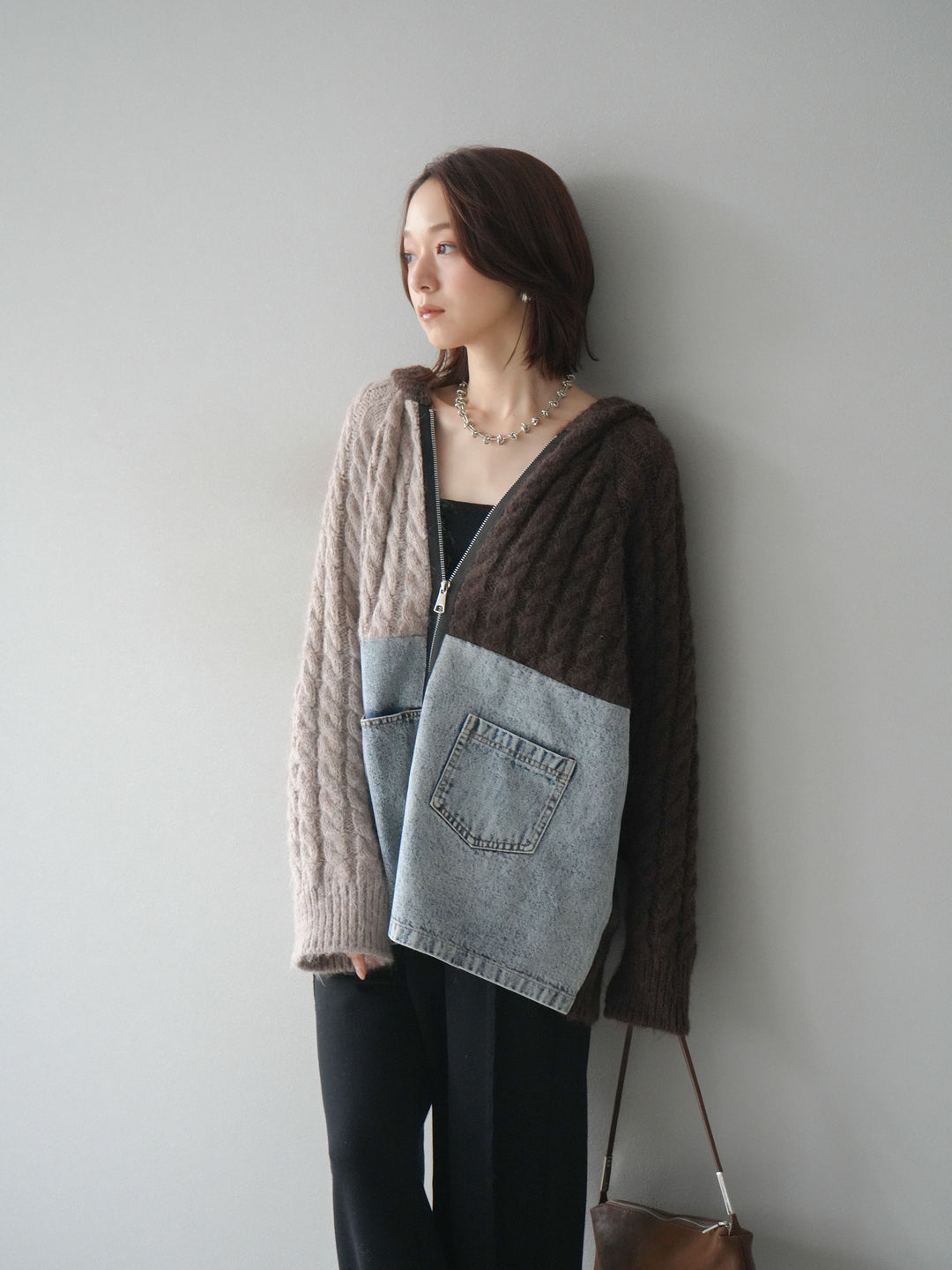[予約]デニム×バイカラーニットZIPフーディ/brown