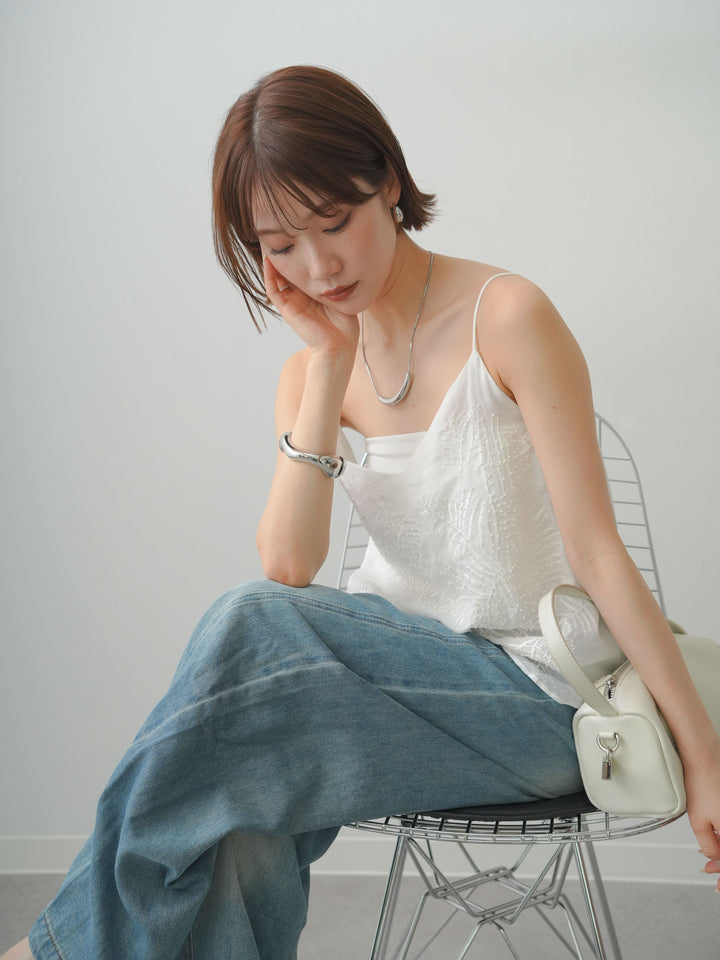 【套裝】棕櫚珠刺繡吊帶背心+輕薄復古風牛仔褲（兩件套）