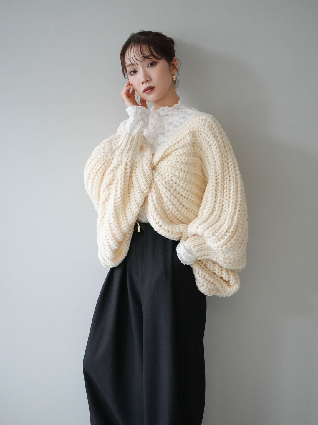 [SET]ローゲージ畦編みドルマンニットボレロ+起毛レースプチネックトップス(2set)