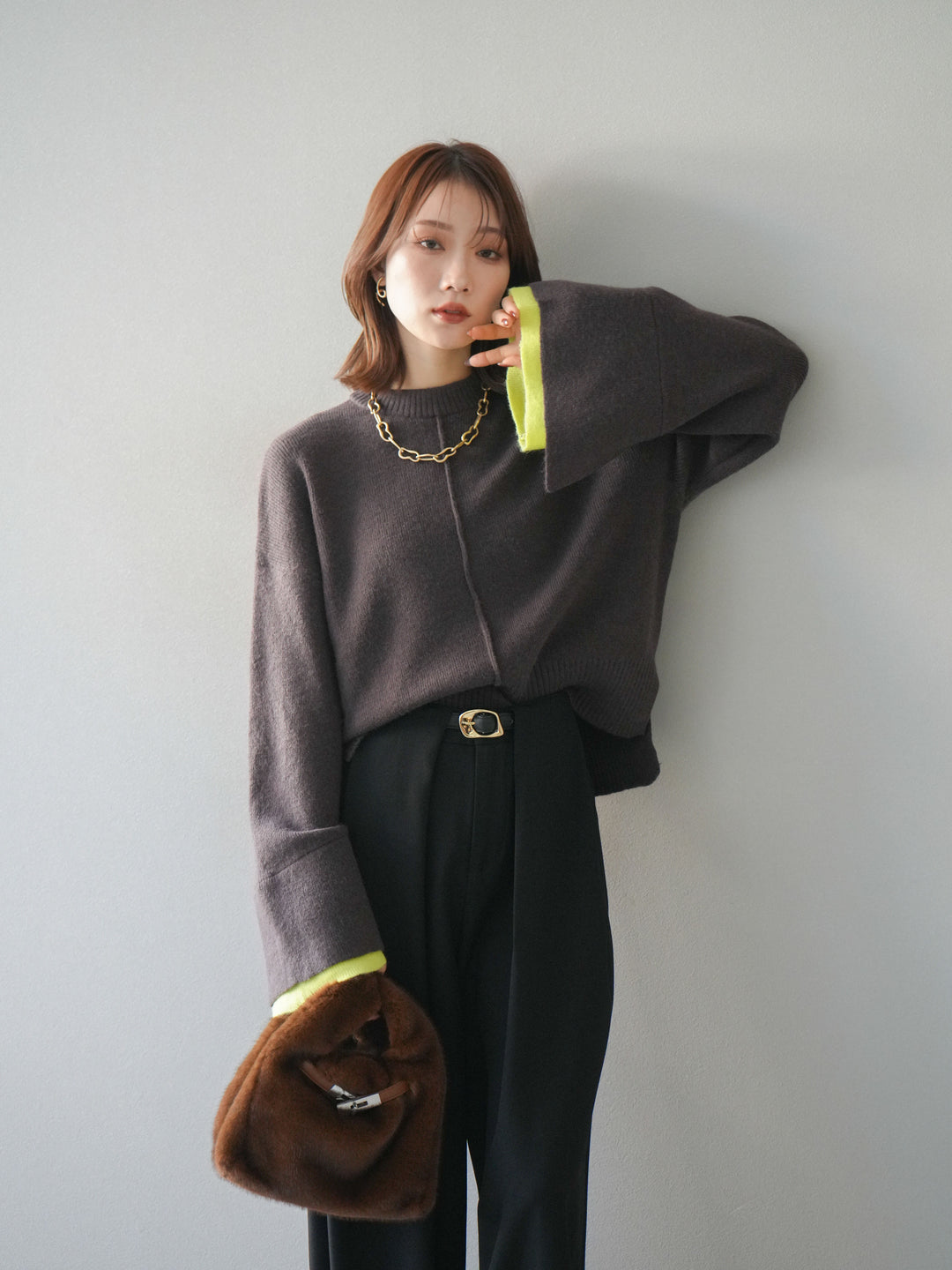 [予約]袖レイヤード配色ニットプルオーバー/brown