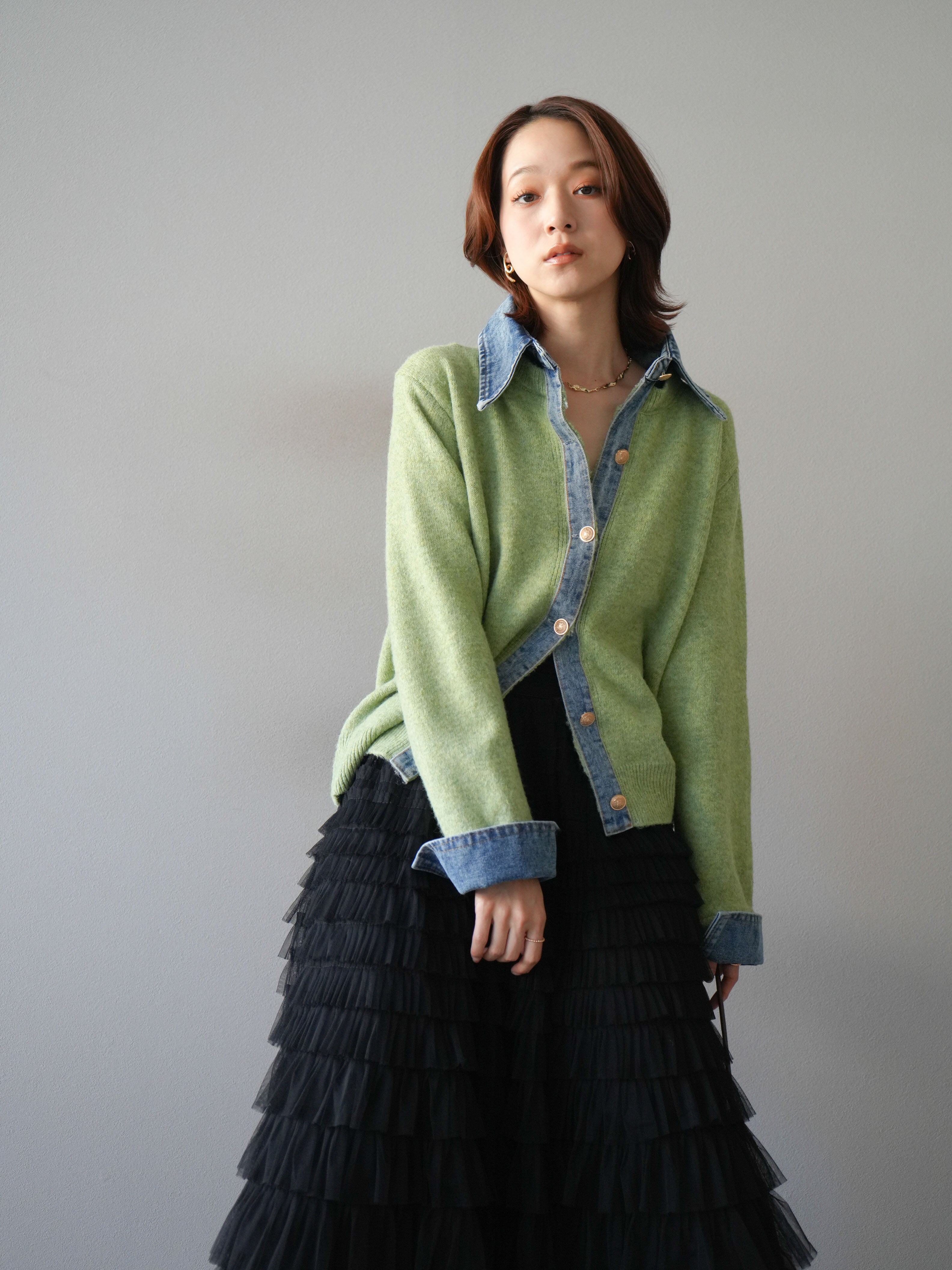 予約]デニム襟ボタンニットカーディガン/pistachio – Lumier