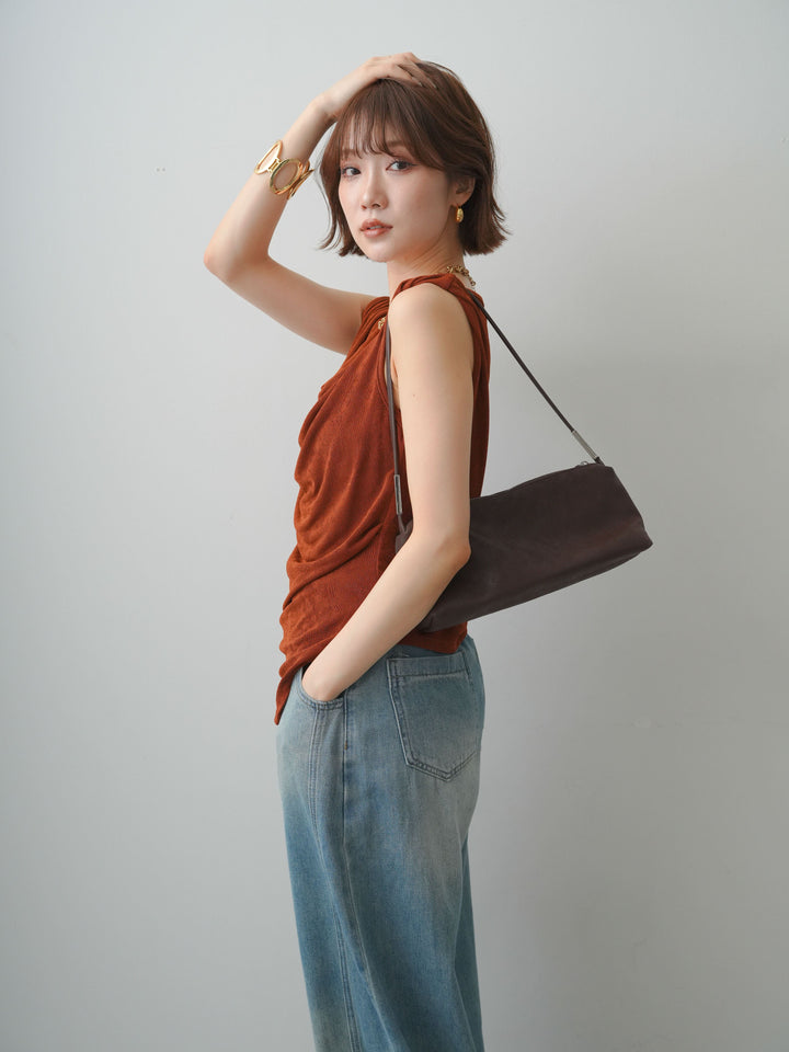 [予約]ツイストショルダーアシメドレープトップス/brown