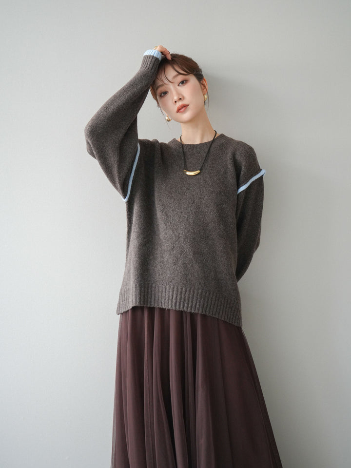 [予約]バイカラーパイピングニットプルオーバー/brown