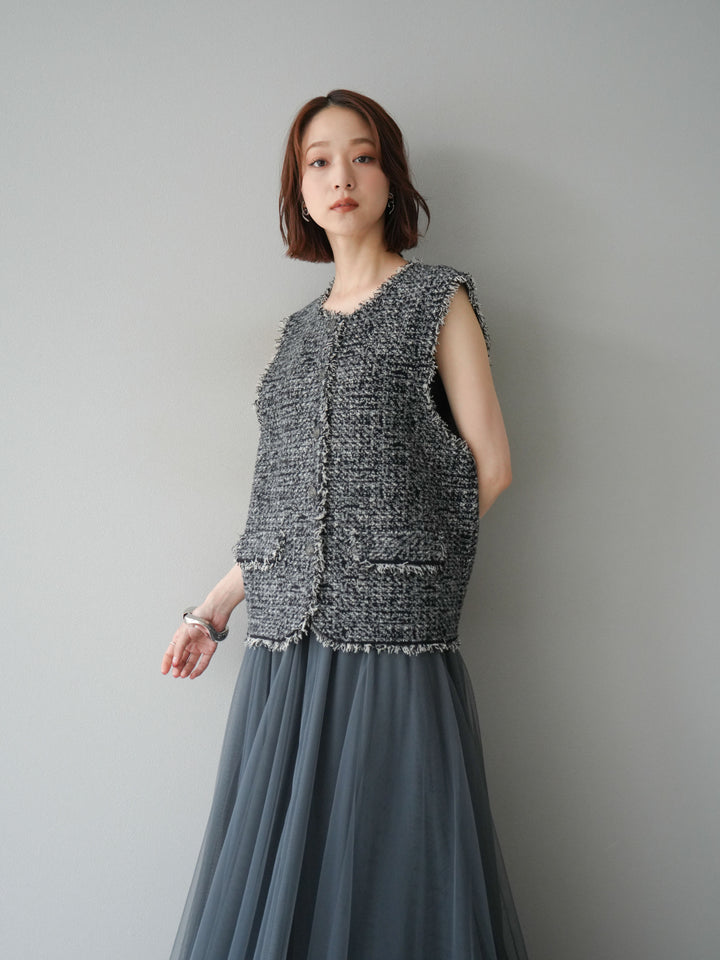 [予約]ミックスツイードフリンジニットベスト/ブラック