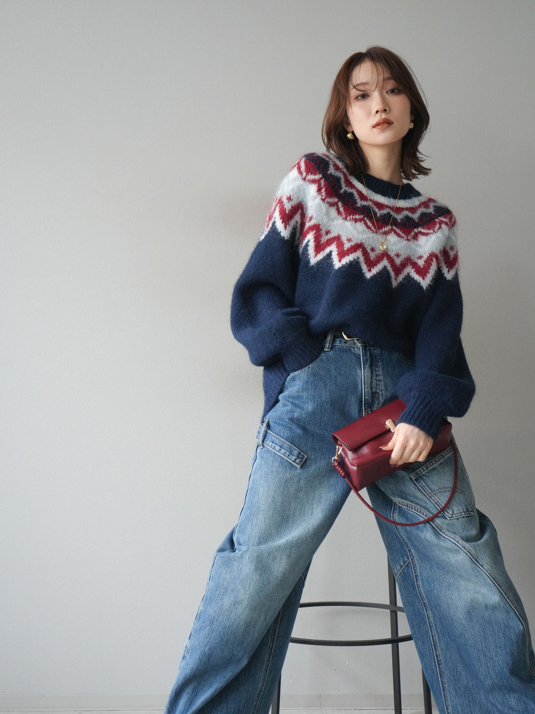 [SET]求心柄オーバーニットプルオーバー+ペインターカーブデニムパンツ(2set)