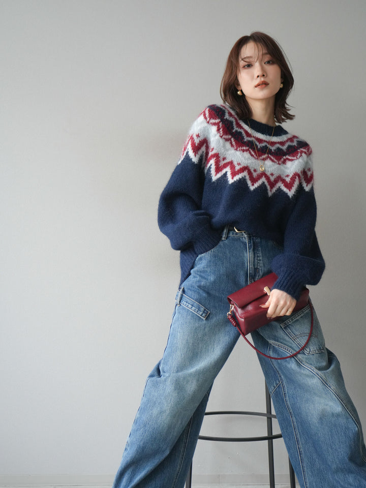 [SET]求心柄オーバーニットプルオーバー+ペインターカーブデニムパンツ(2set)