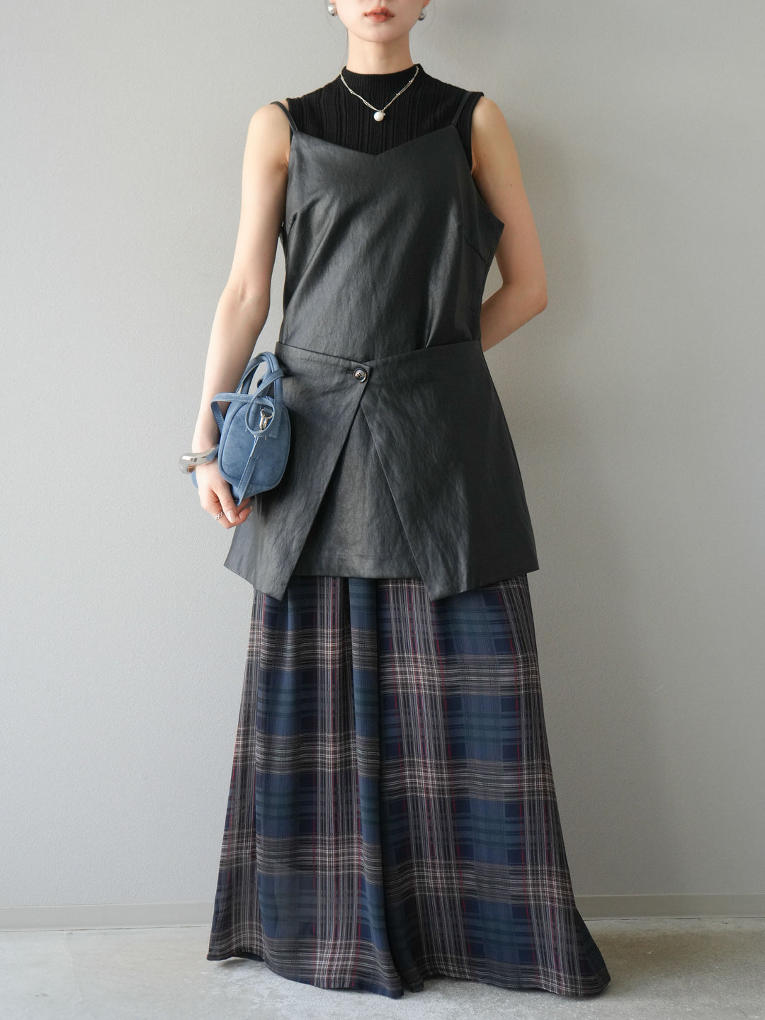 [予約]レイヤードレザーキャミソールチュニック/ブラック