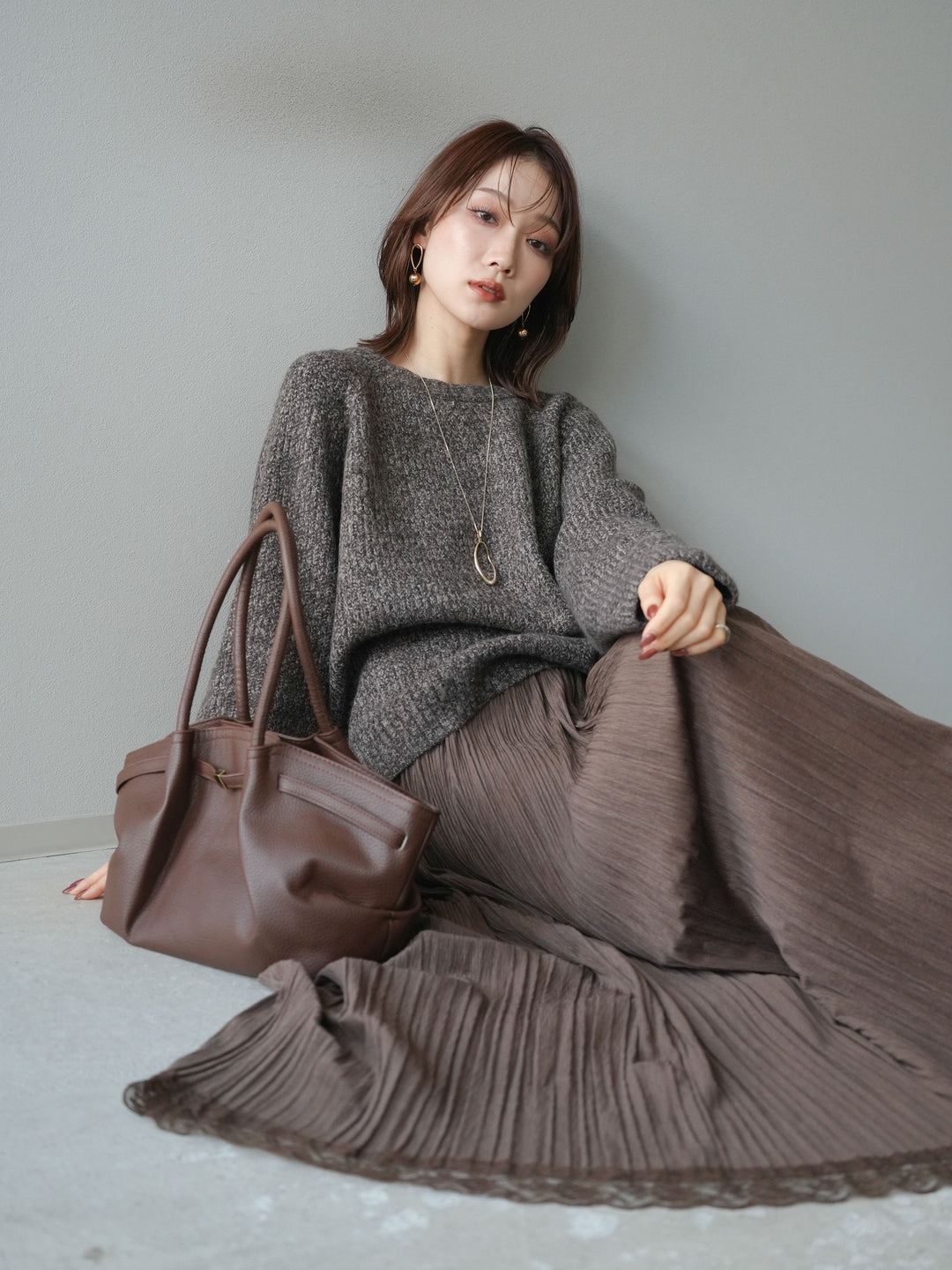 [予約]クルーネック畦編みミックスニット/brown