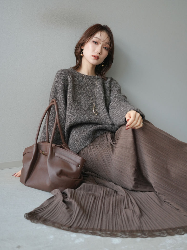 [予約]クルーネック畦編みミックスニット/brown