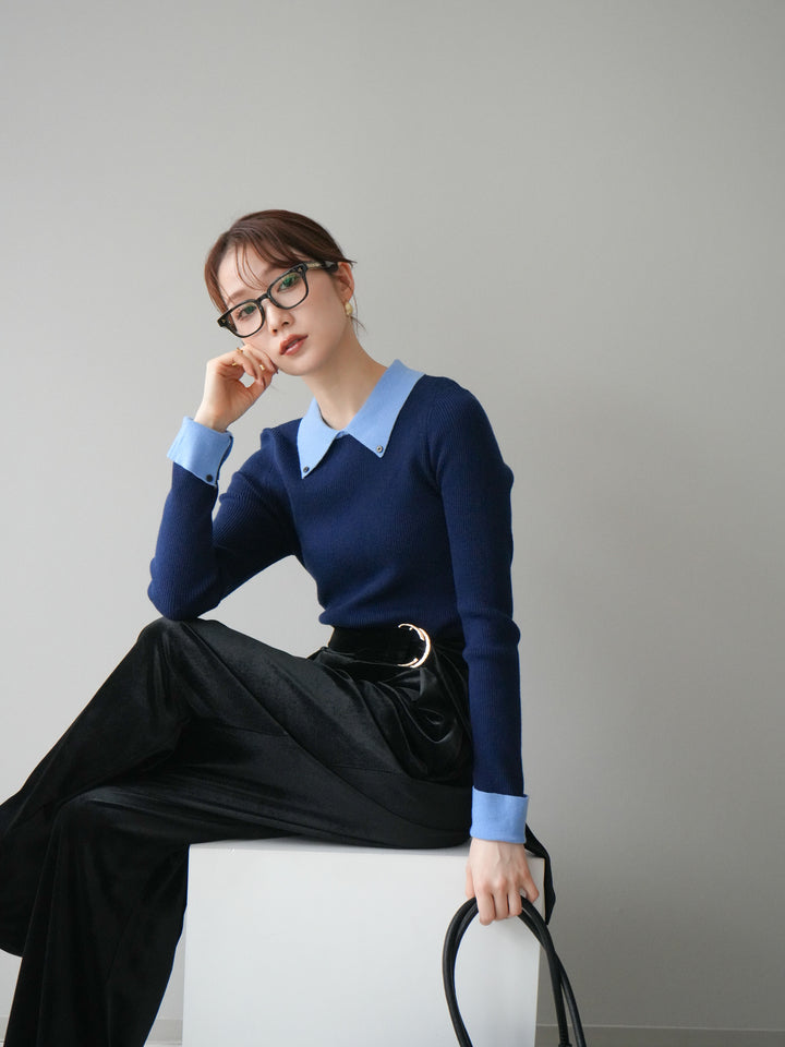 [予約]ニットカフス襟付き配色リブニットトップス/navy