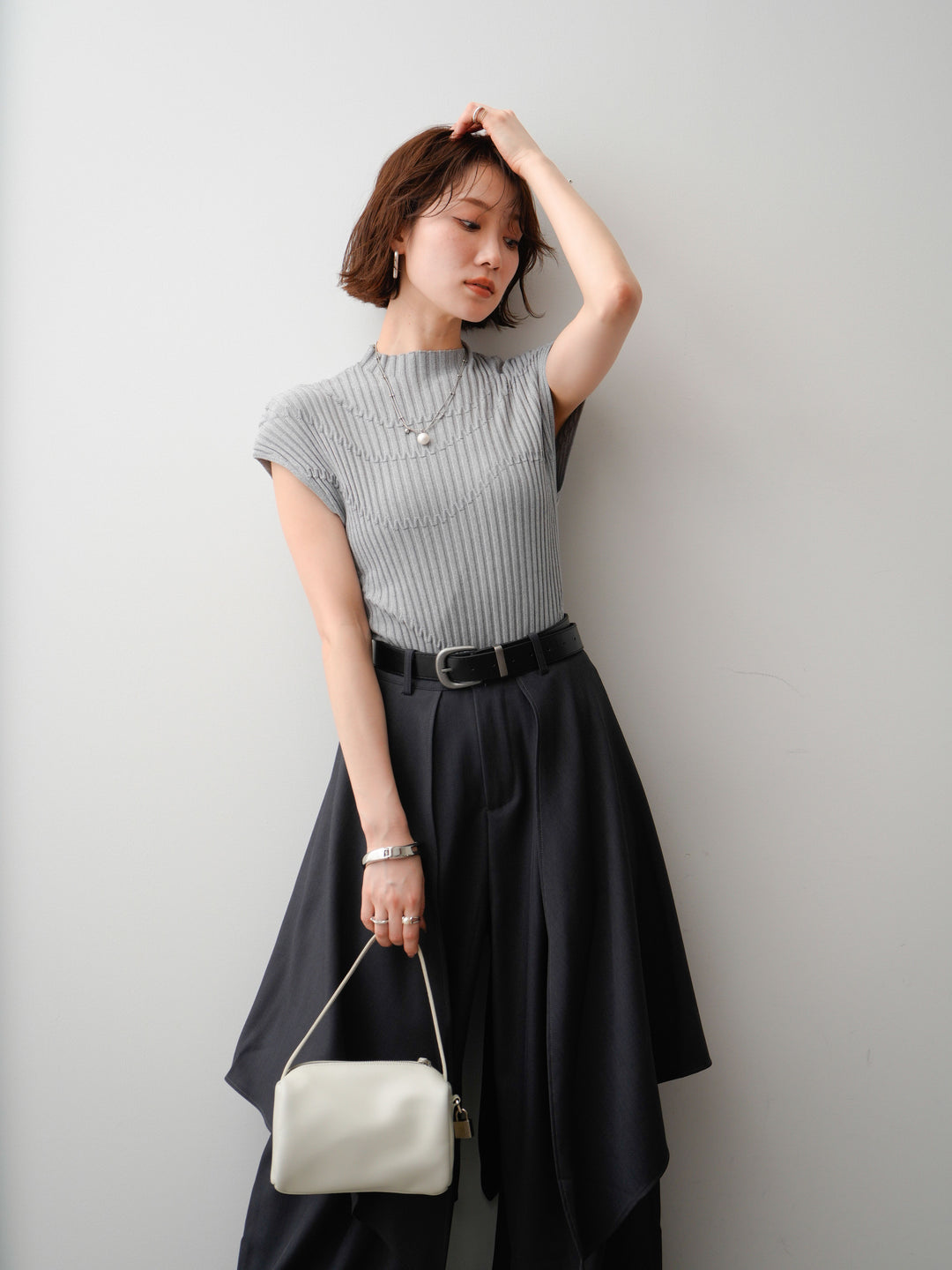 [予約]モードラインリブフレンチニットトップス/gray