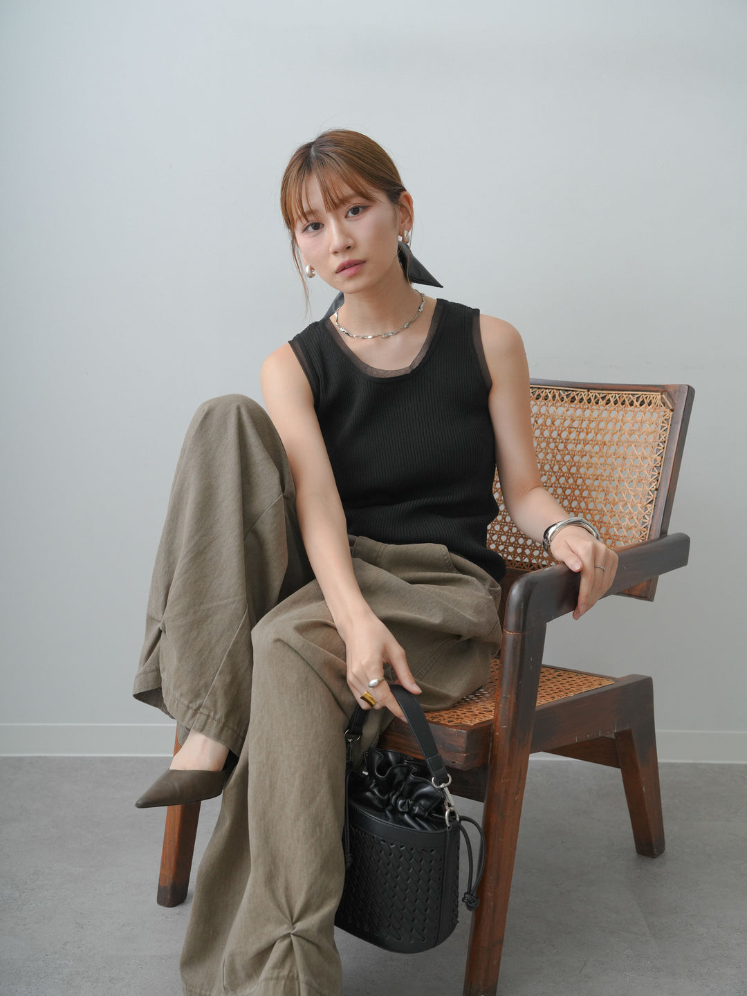 [SET]チュールトリムリブニットタンクトップ+ウォッシュタックカーブパンツ(2set)