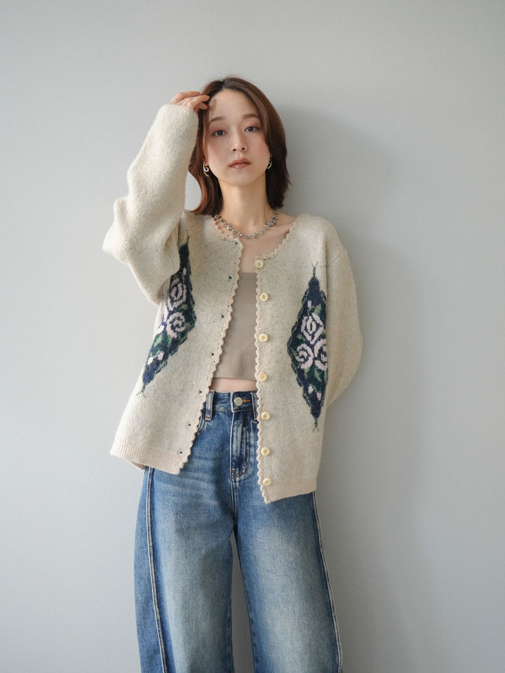 [予約]アンティークフラワージャガードニットカーディガン/ivory