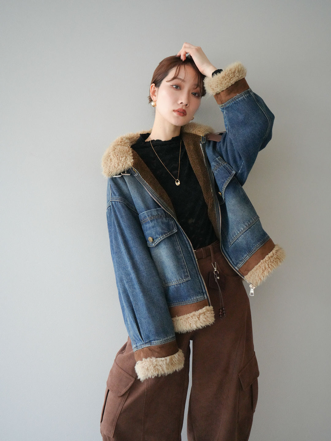 [予約]スタンドカラーファー×デニムジャケット/blue