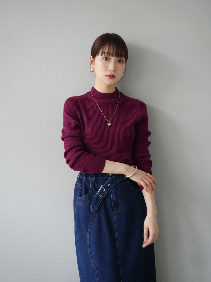 [預訂] 瓶頸式羅紋針織上衣/酒紅色