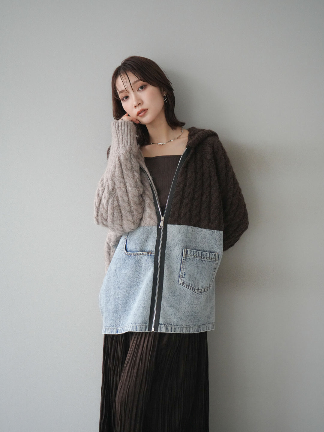 [予約]デニム×バイカラーニットZIPフーディ/brown