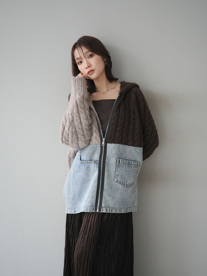 [予約]デニム×バイカラーニットZIPフーディ/brown