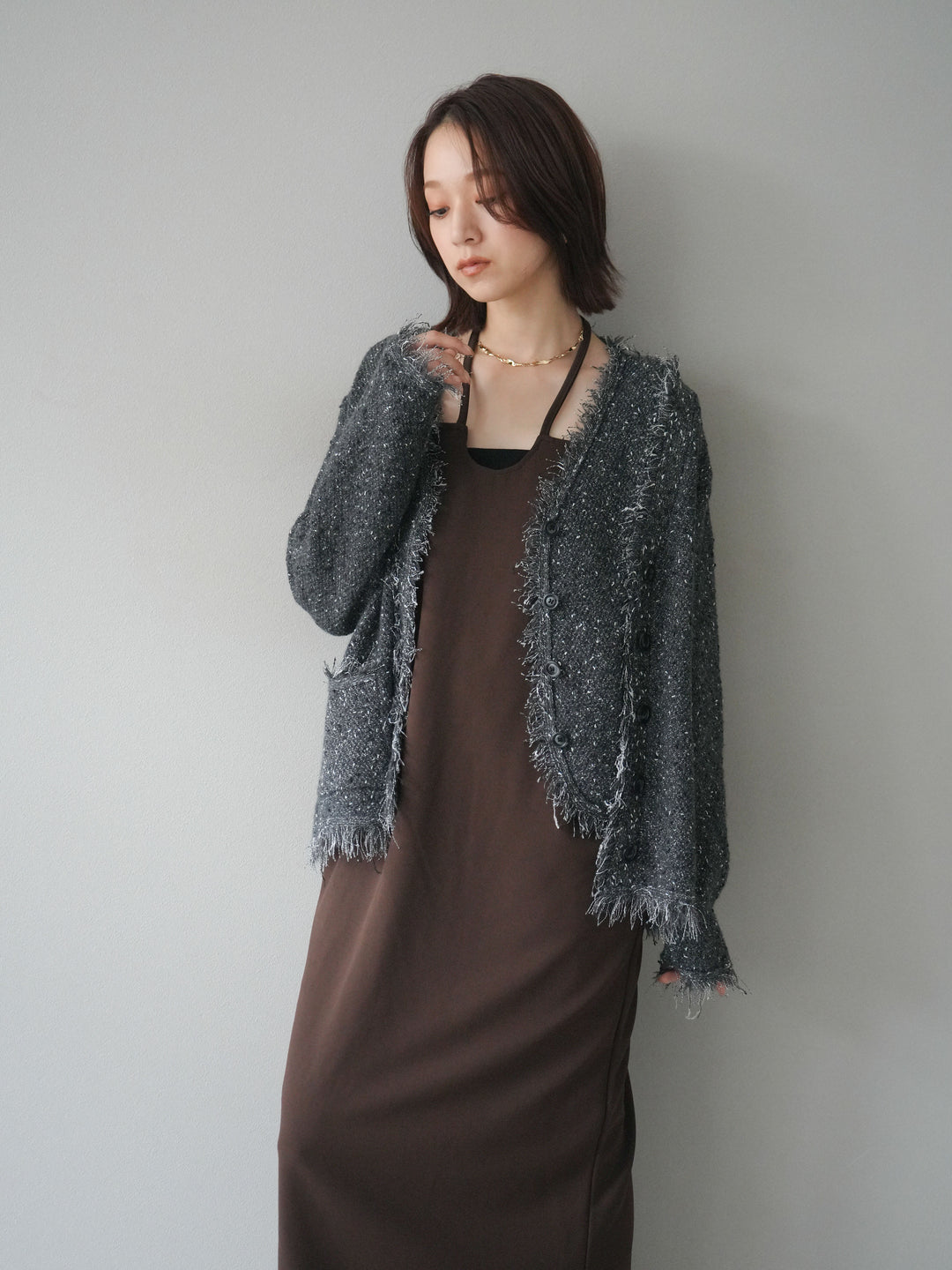 [予約]ネップフリンジニットカーディガン/ gray