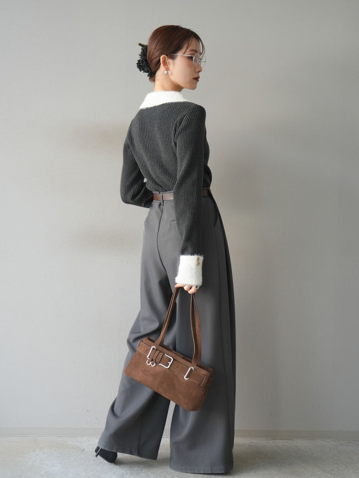 [SET]シャギー襟リブニットトップス+ベルトループデザインワイドパンツ(2set)