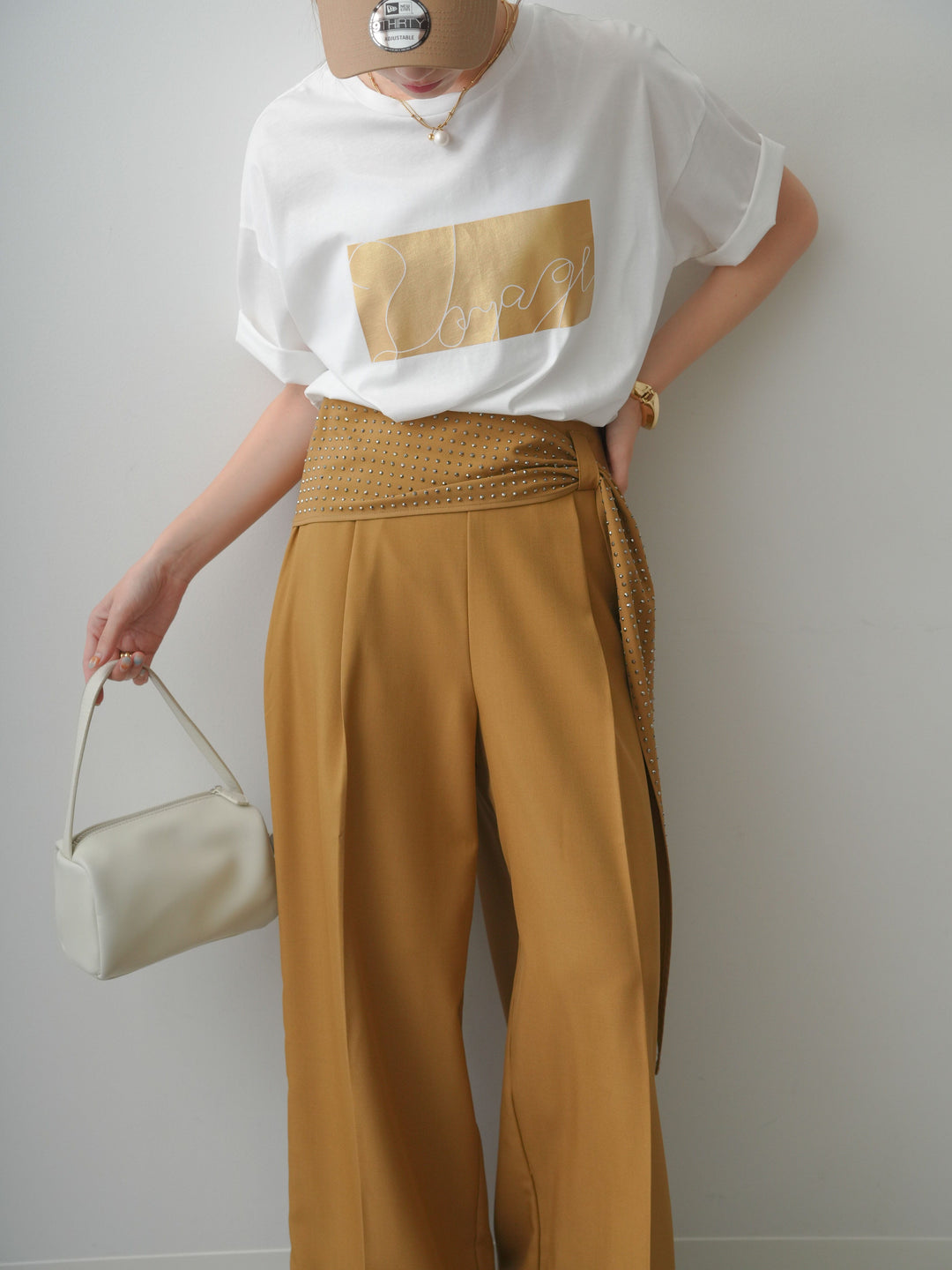 [SET]箔プリントボックスTEE+ビジューベルトタックワイドパンツ(2set)