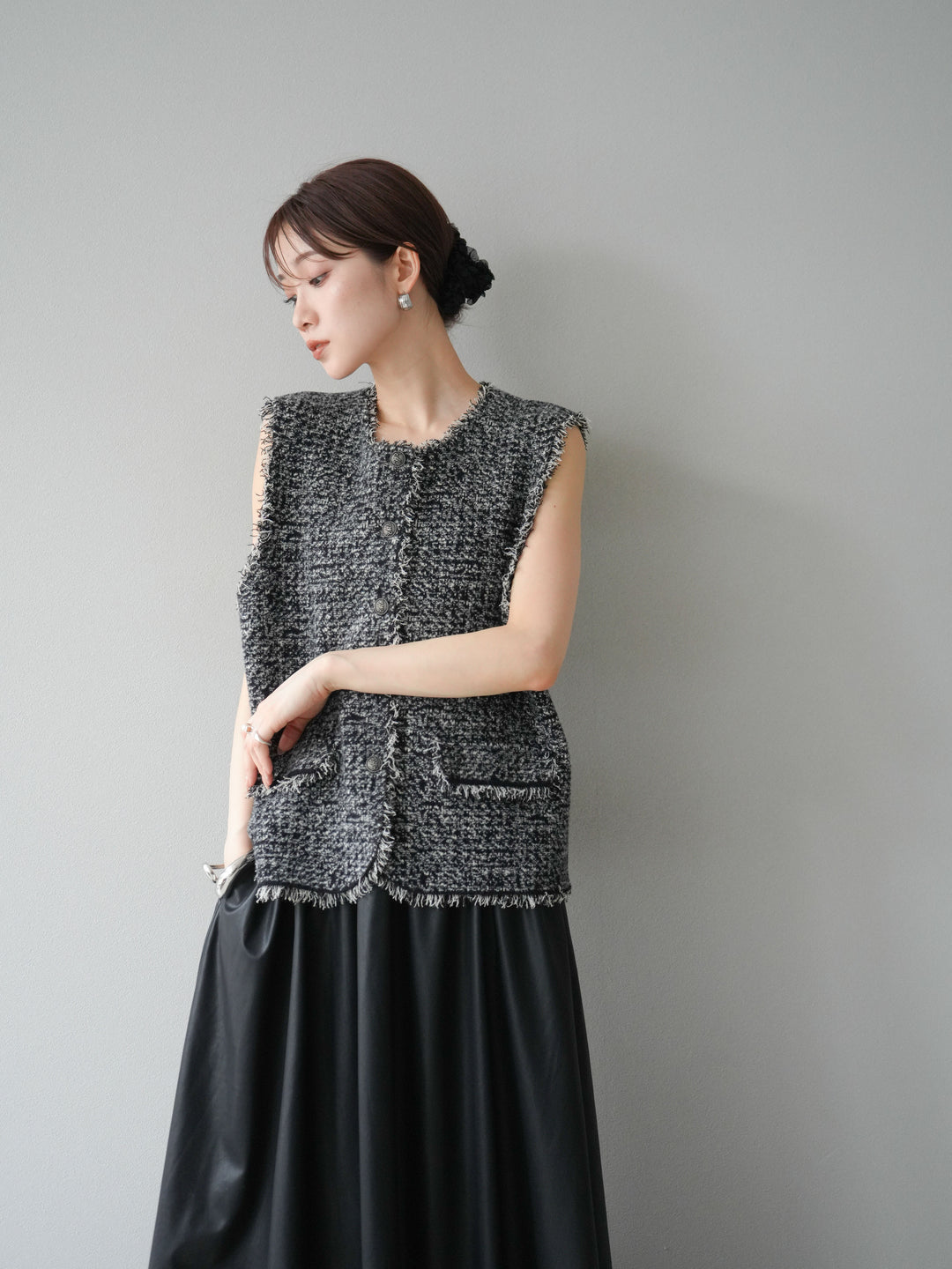 [予約]ミックスツイードフリンジニットベスト/ブラック