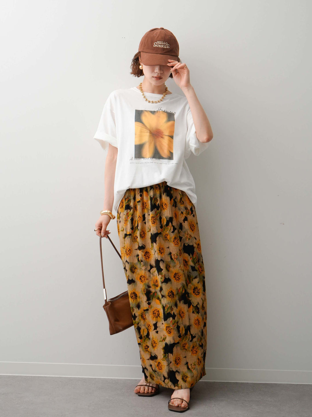 【着回しセット】フラワーフォトTEE+フラワープリントドレープタックパンツ+フラワープリントIラインギャザースカート(3set)