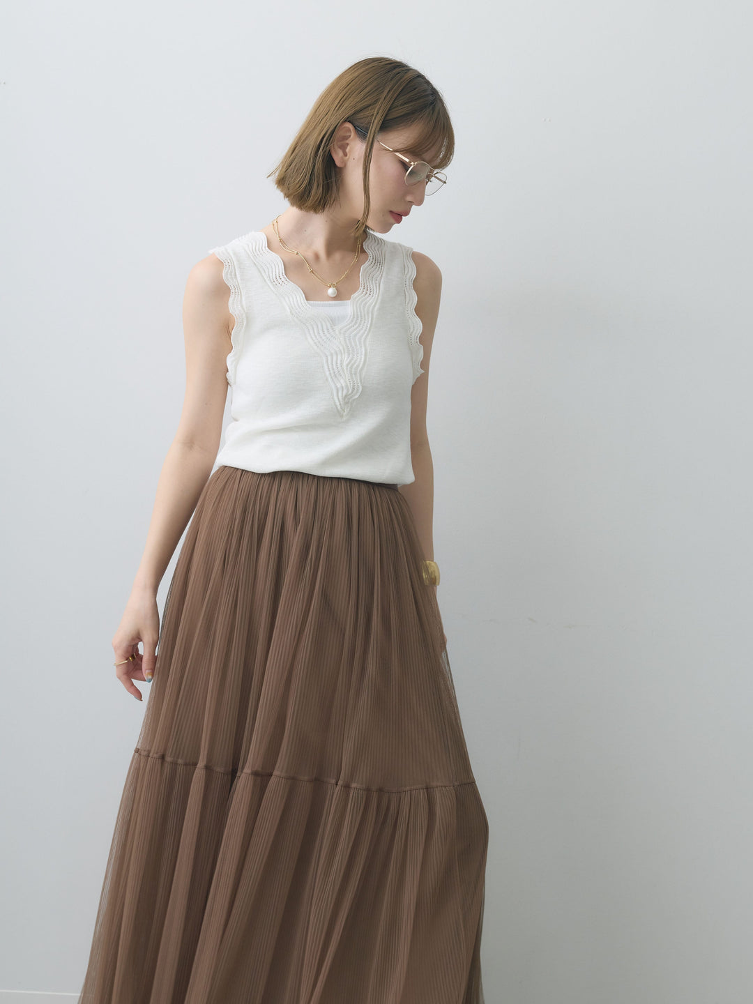 [SET]カーブデザインリブニットタンクトップ+チュールボリュームスカート(2set)