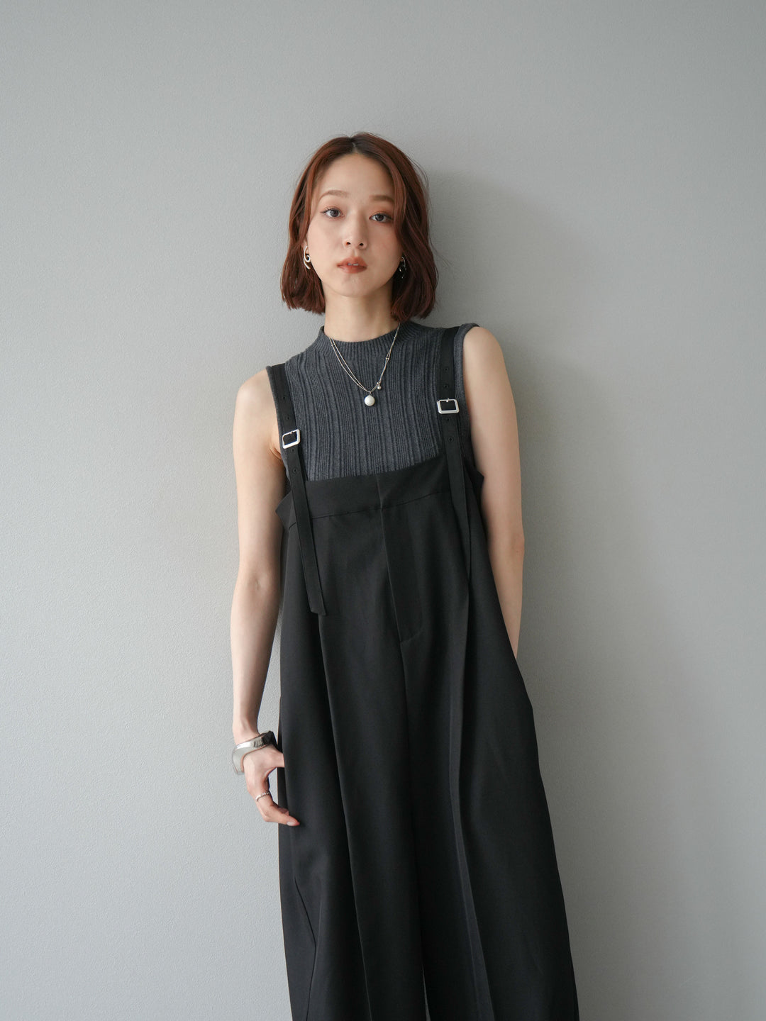 [予約]スリーブレスランダムリブニットトップス/グレー