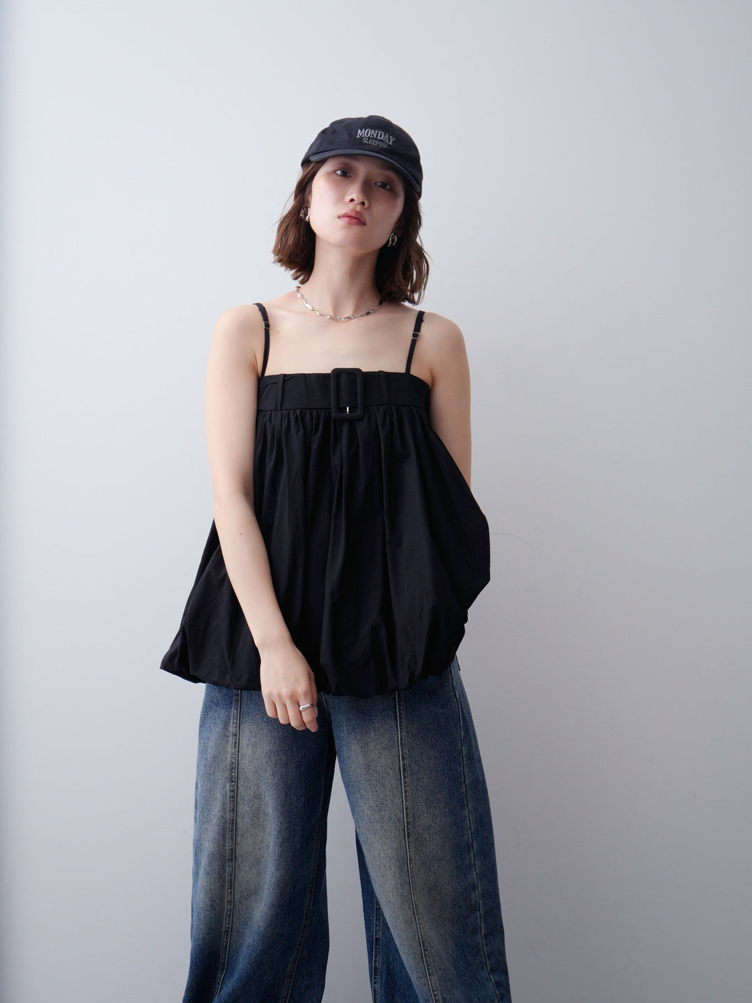 [予約]バックル付バルーンキャミトップス/black