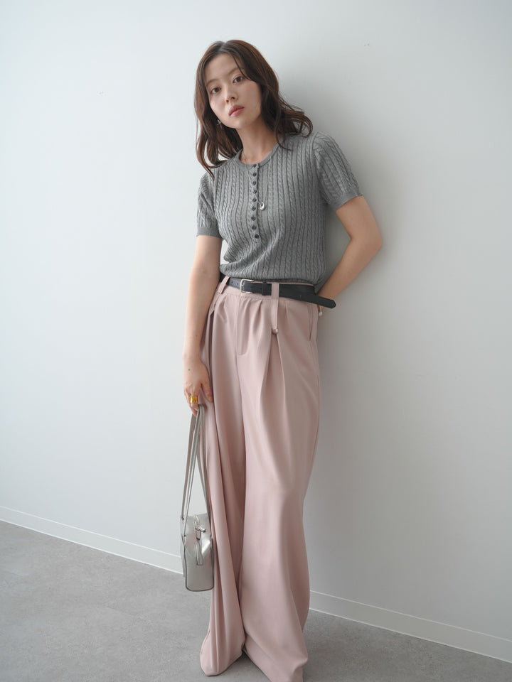 [予約]ヘンリーケーブルハーフニットトップス/gray