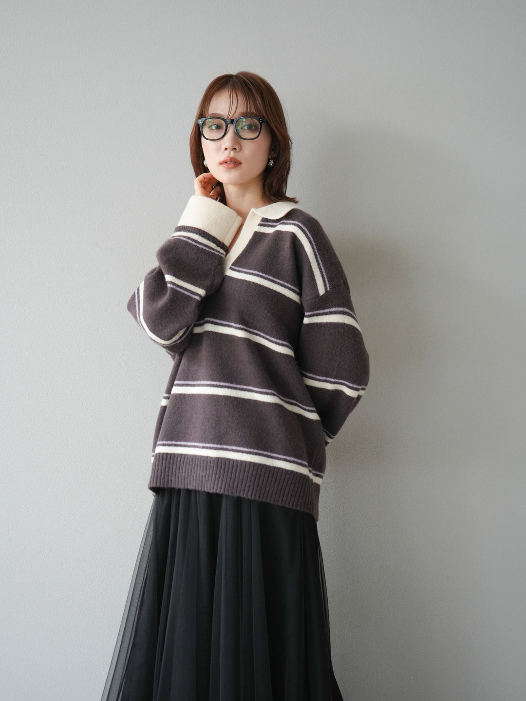 [SET]ポロ襟スキッパーボーダーニットプルオーバー+チュールボリュームスカート(2set)