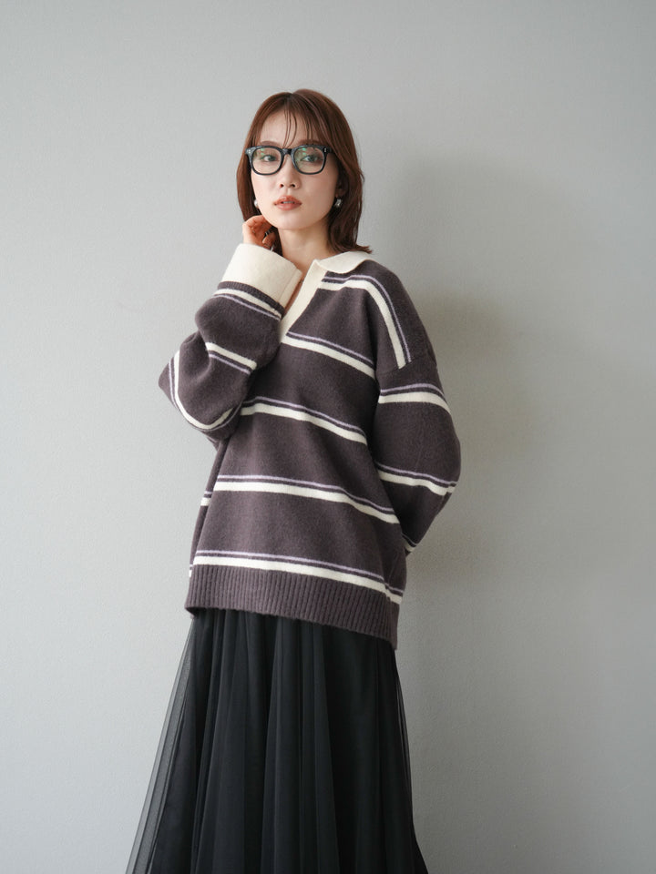 [SET]ポロ襟スキッパーボーダーニットプルオーバー+チュールボリュームスカート(2set)