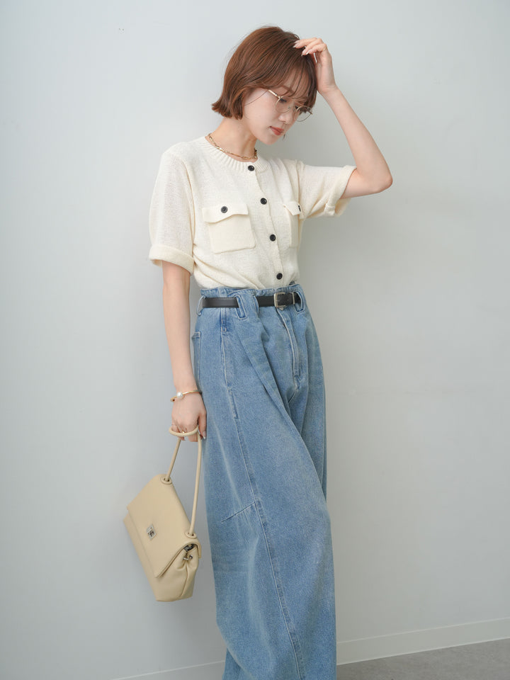 [SET]ダブルポケット半袖ニットカーディガン+選べるアクセセット(2set)