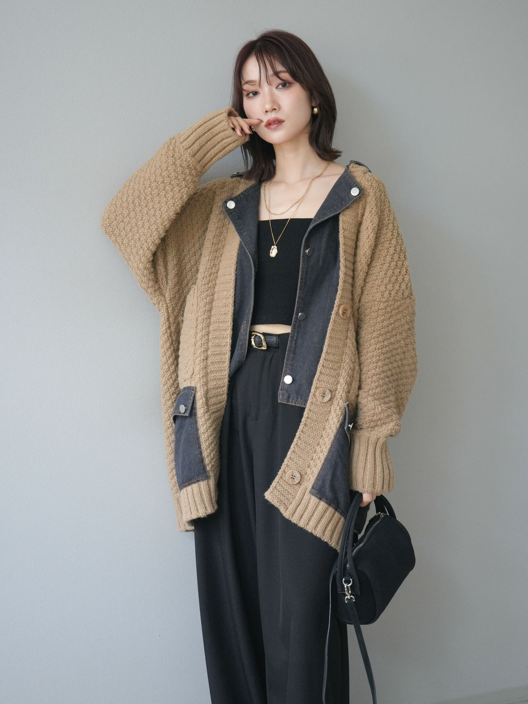 [SET]デニム襟レイヤードニットジャケット+デニム襟レイヤードニットジャケット(2set)