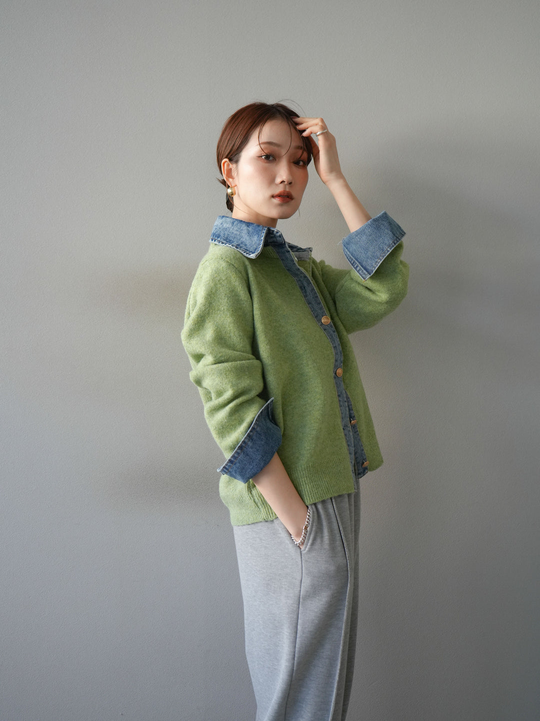 [予約]デニム襟ボタンニットカーディガン/pistachio