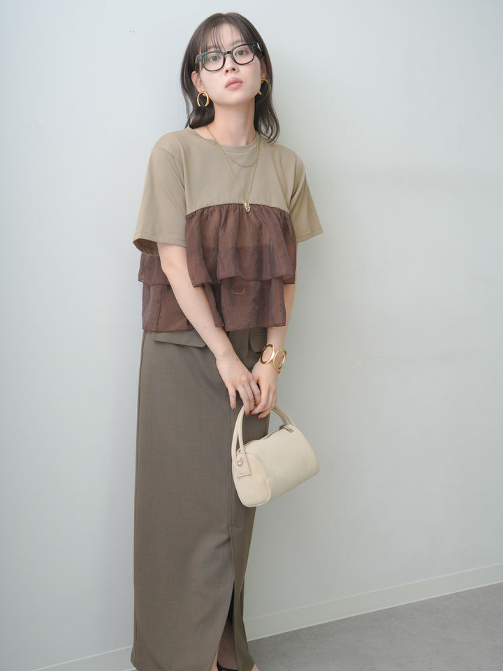 [SET]オーガンジーフリルドッキングTEE+クレープデシンフラップ付きストレートスカート(2set)
