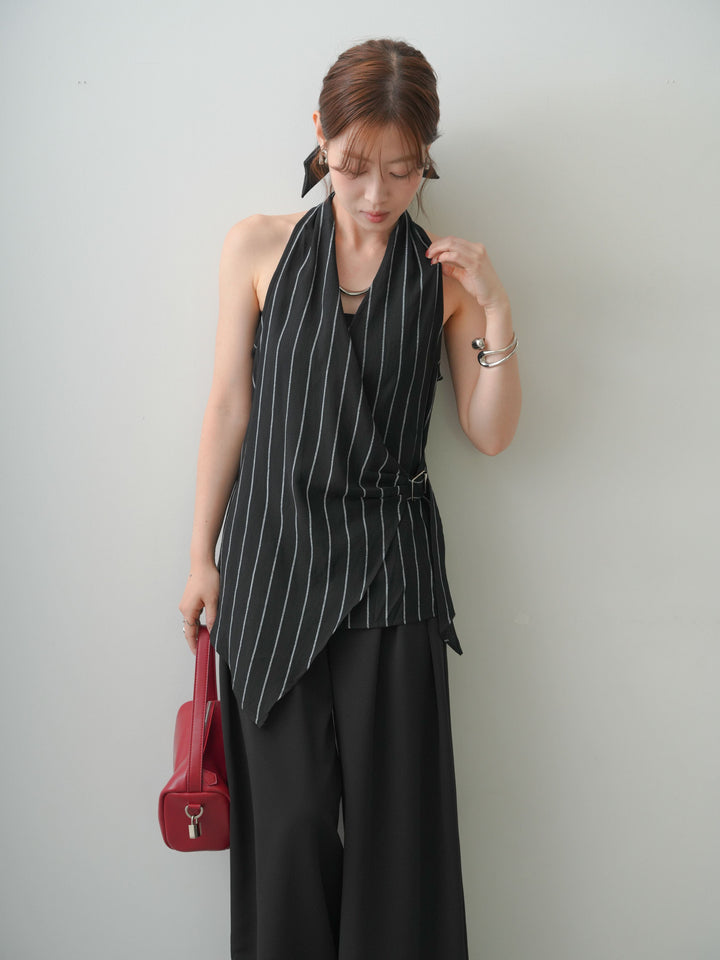 [SET]ストライプカシュクールジレ+クレープデシンタックワイドパンツ(2set)