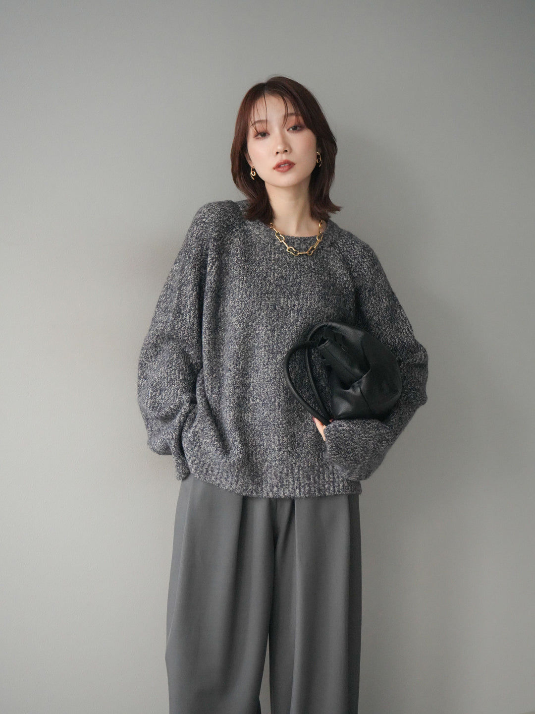 [予約]クルーネック畦編みミックスニット/navy