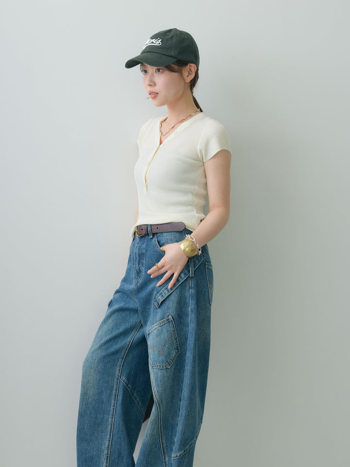 [予約]ネックレイヤードヘンリーVネックリブニットトップス/white