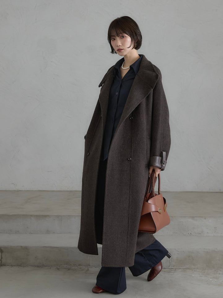 [予約]レザー切替ウールロングコート/darkbrown