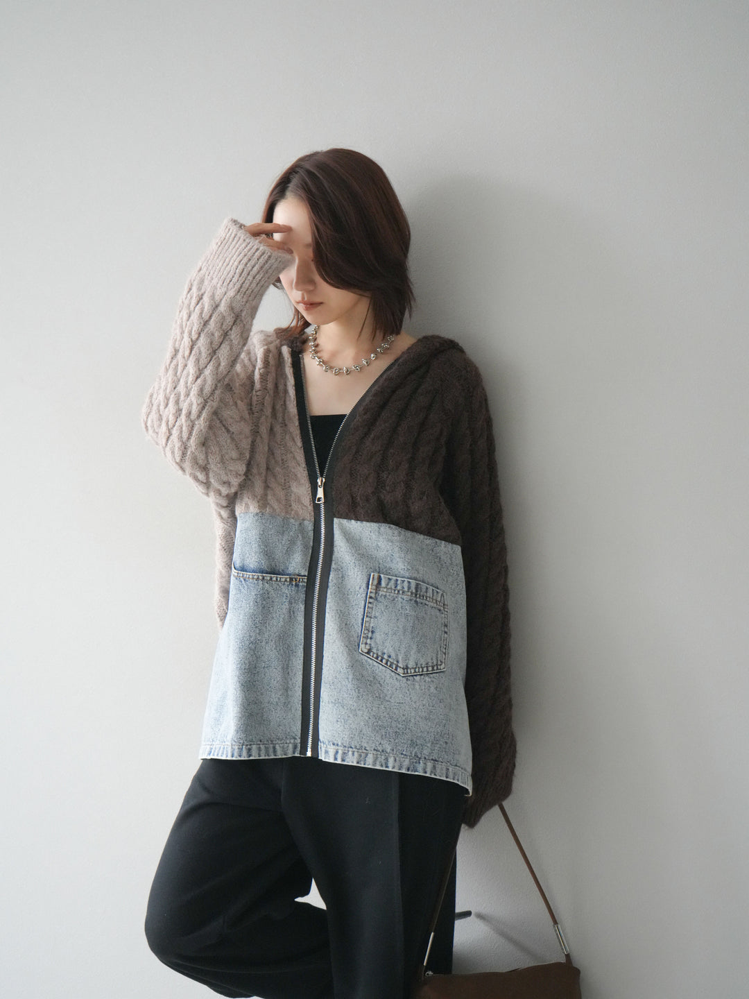 [予約]デニム×バイカラーニットZIPフーディ/brown