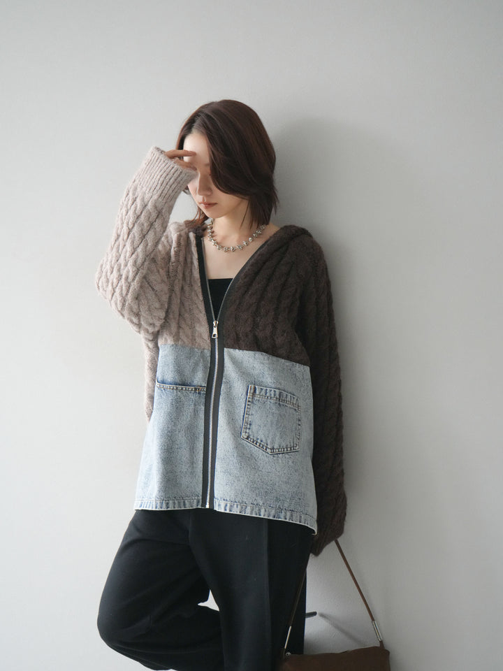[予約]デニム×バイカラーニットZIPフーディ/brown