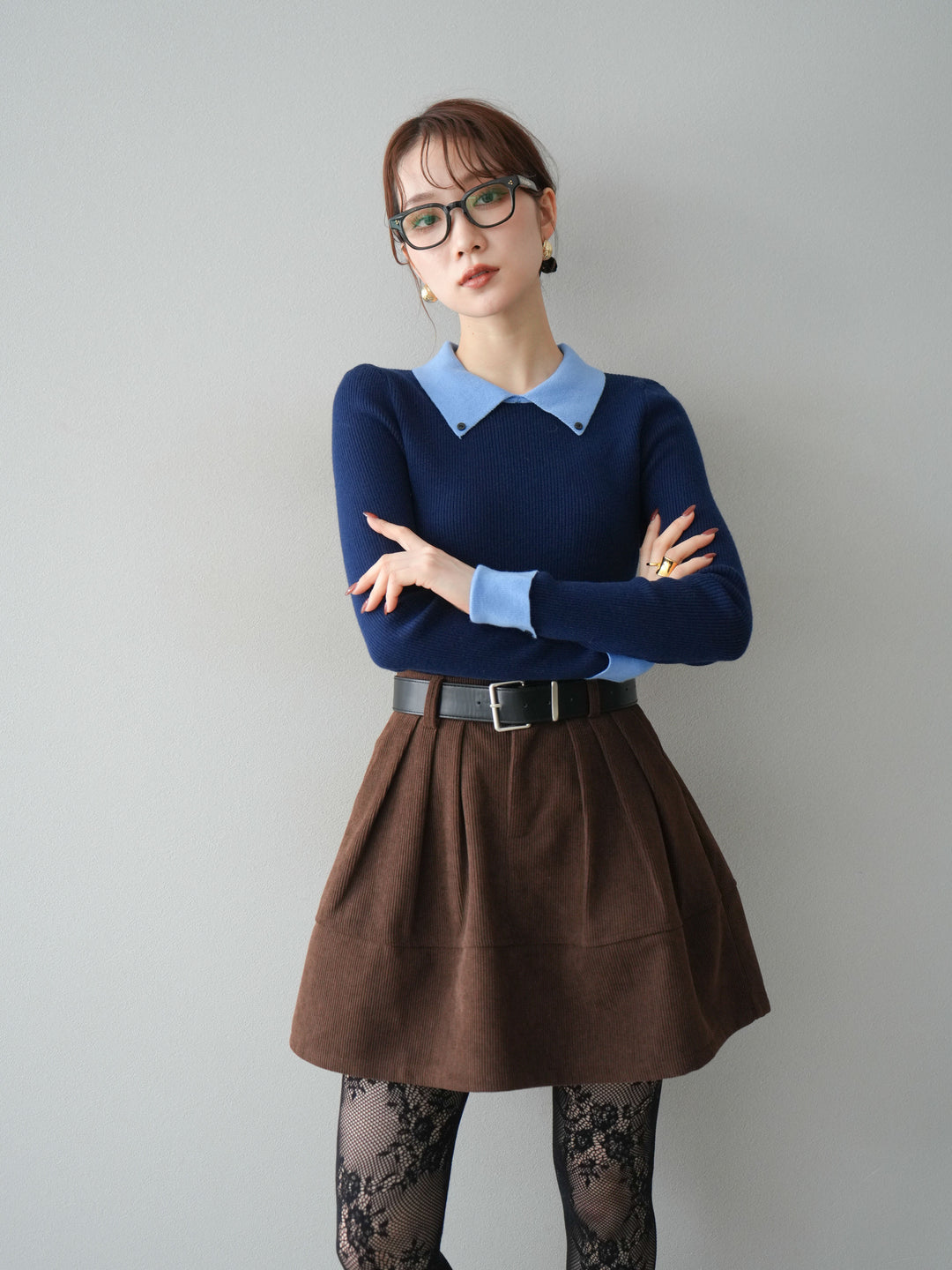 [予約]ニットカフス襟付き配色リブニットトップス/navy