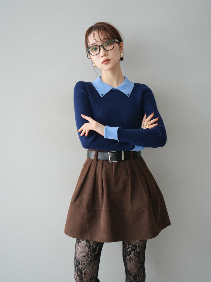 [予約]ニットカフス襟付き配色リブニットトップス/navy