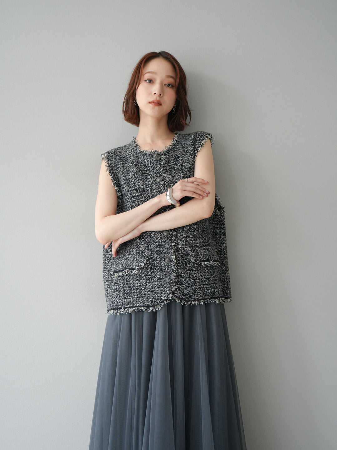 [予約]ミックスツイードフリンジニットベスト/ブラック