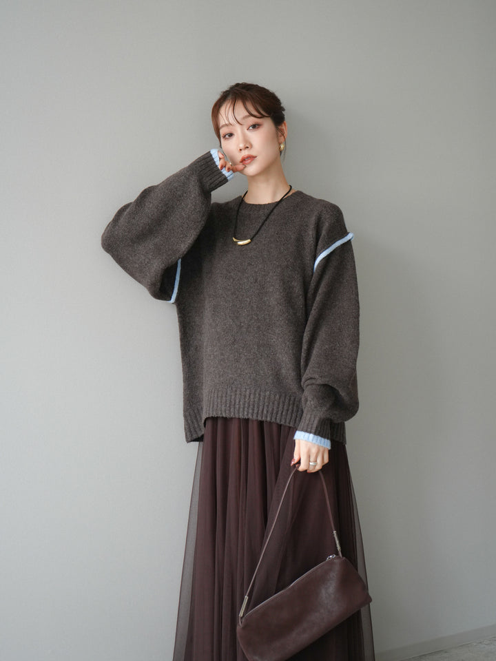 [予約]バイカラーパイピングニットプルオーバー/brown