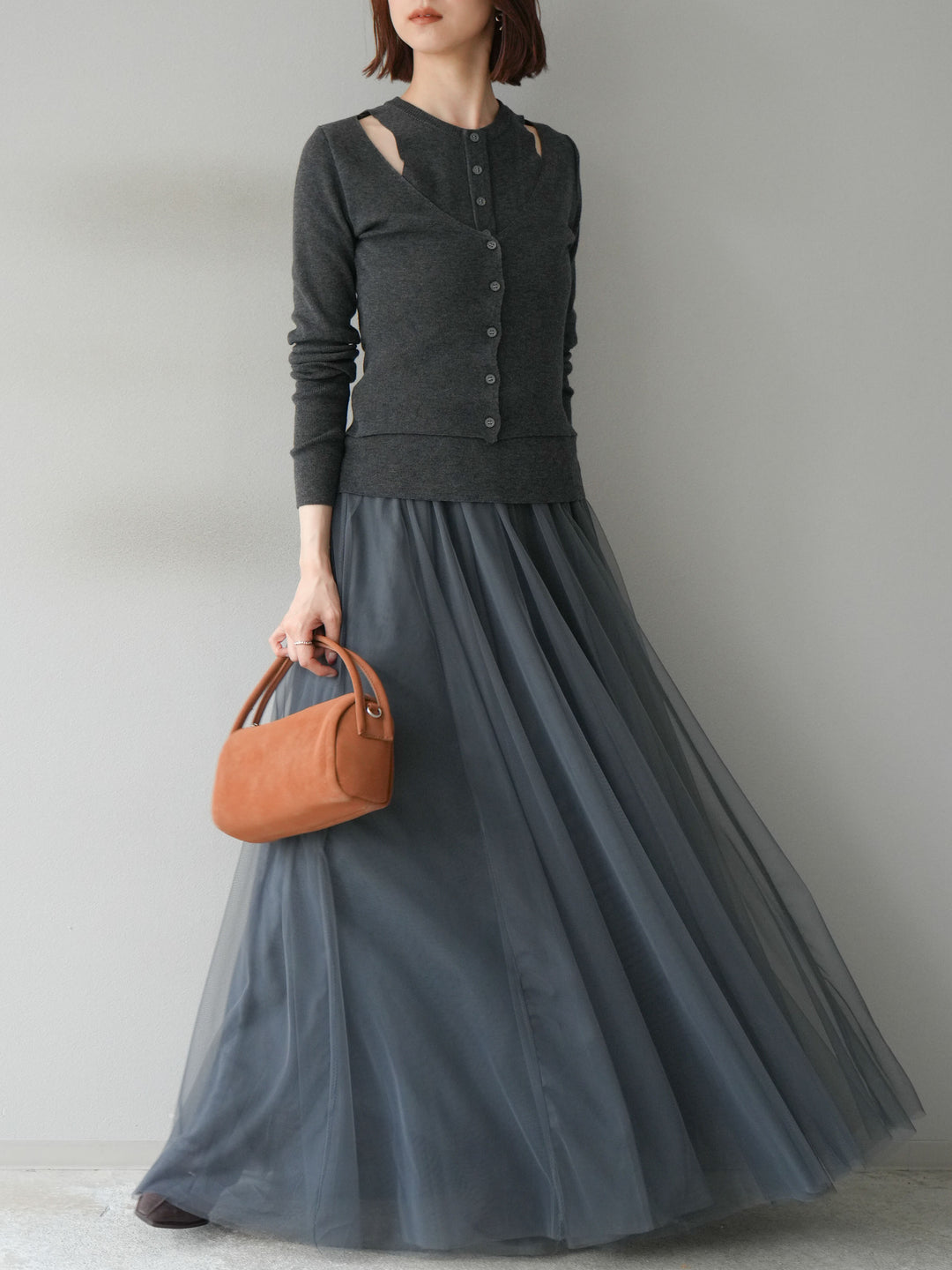 [予約]レイヤードデザインニットカーディガン/チャコール