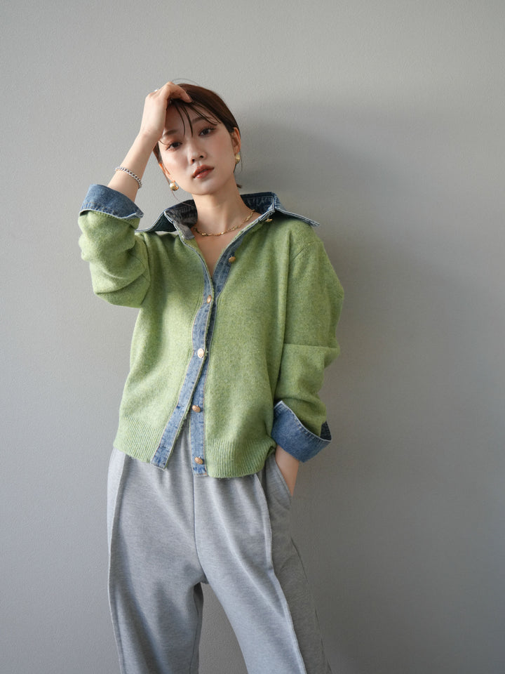 [予約]デニム襟ボタンニットカーディガン/pistachio